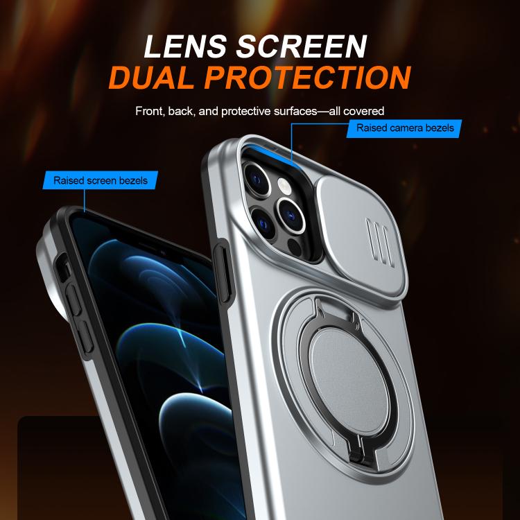 For iPhone 12 / 12 Pro Camera Sliding Shield Magnetic Rotation Holder Phone Case