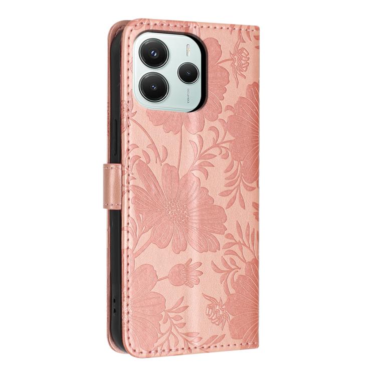 For Redmi Note 14 5G Global Sunflower Embossed Vegan Leather Phone Case with Small Black Rope
