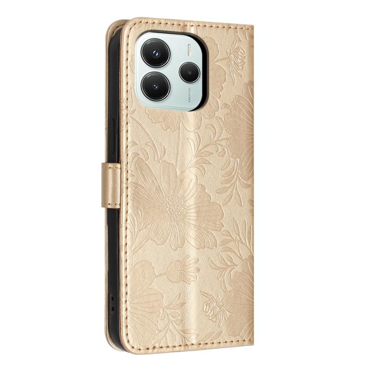 For Redmi Note 14 5G Global Sunflower Embossed Vegan Leather Phone Case with Small Black Rope