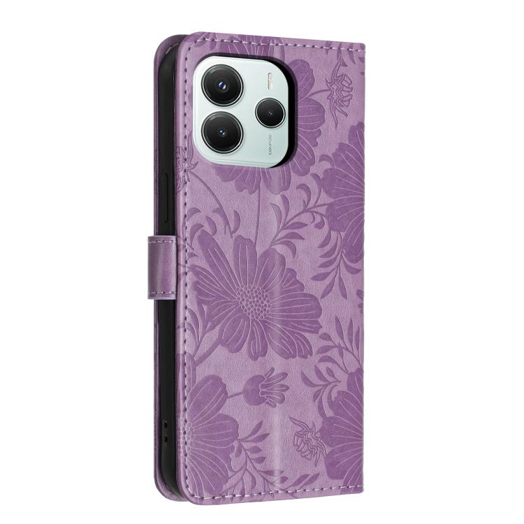 For Redmi Note 14 5G Global Sunflower Embossed Vegan Leather Phone Case with Small Black Rope