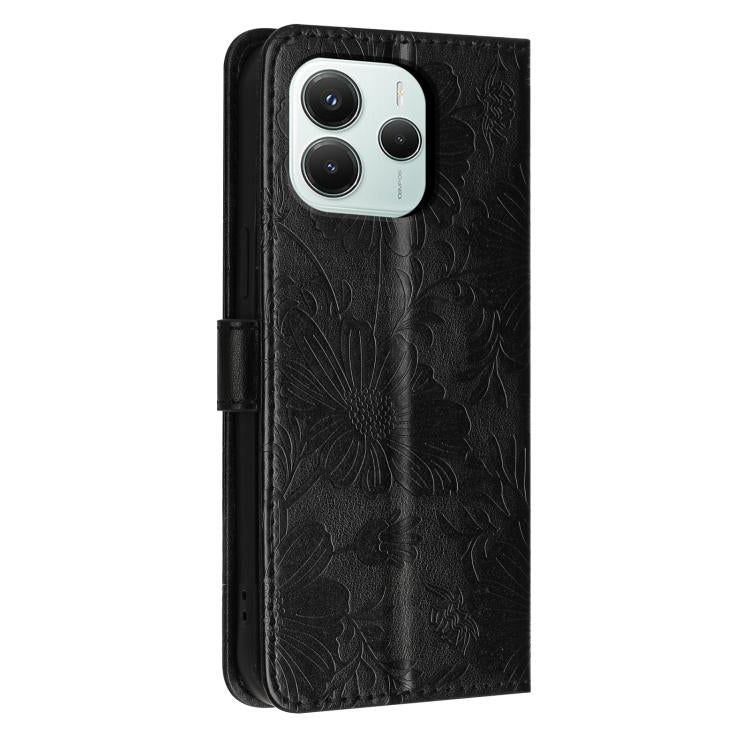 For Redmi Note 14 5G Global Sunflower Embossed Vegan Leather Phone Case with Small Black Rope
