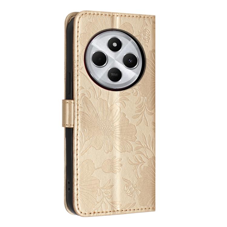 For Redmi 14C 4G / Poco C75 4G Sunflower Embossed Vegan Leather Phone Case with Small Black Rope