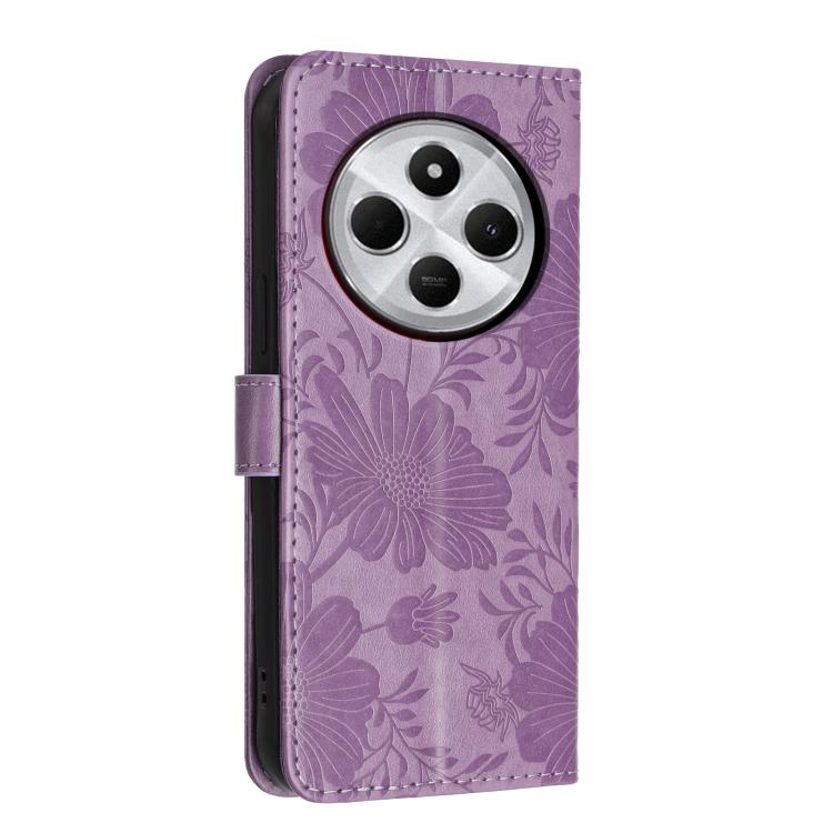 For Redmi 14C 4G / Poco C75 4G Sunflower Embossed Vegan Leather Phone Case with Small Black Rope