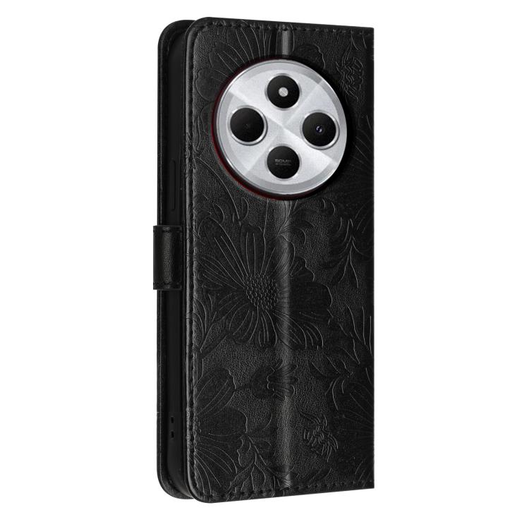 For Redmi 14C 4G / Poco C75 4G Sunflower Embossed Vegan Leather Phone Case with Small Black Rope