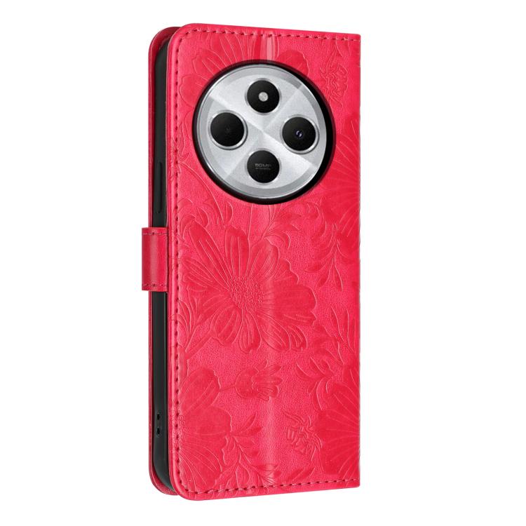 For Redmi 14C 4G / Poco C75 4G Sunflower Embossed Vegan Leather Phone Case with Small Black Rope