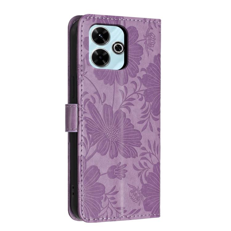 For Redmi 13 4G Global / 13 5G Global Sunflower Embossed Vegan Leather Phone Case with Small Black Rope
