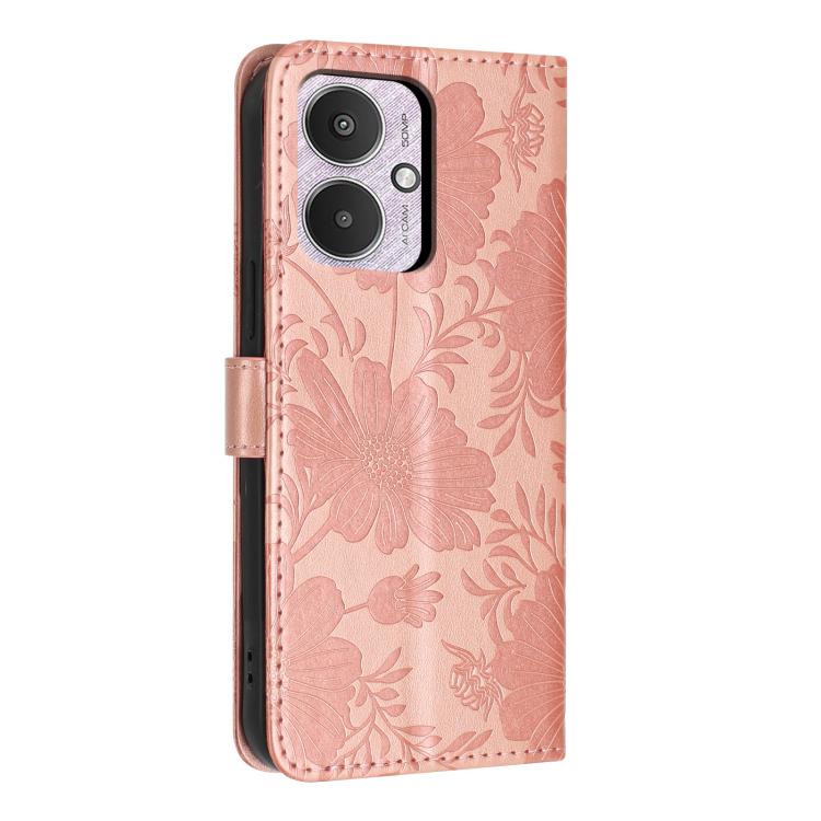 For Redmi 13C 5G Global / 4G Global Sunflower Embossed Vegan Leather Phone Case with Small Black Rope