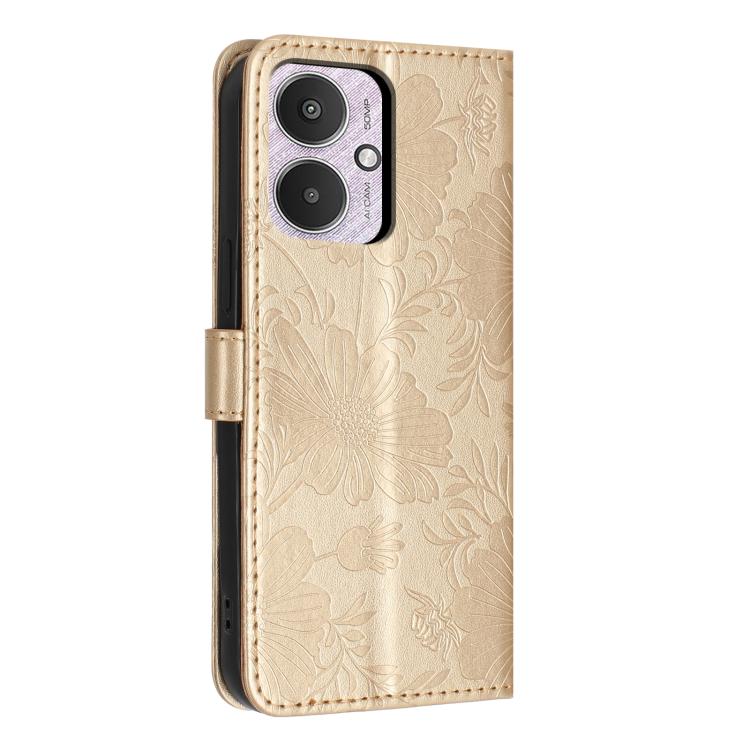 For Redmi 13C 5G Global / 4G Global Sunflower Embossed Vegan Leather Phone Case with Small Black Rope