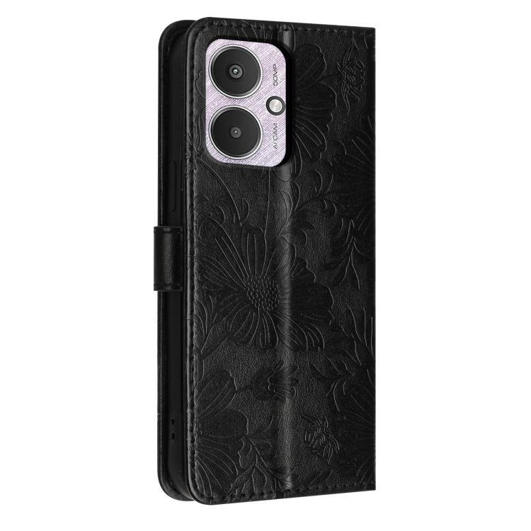For Redmi 13C 5G Global / 4G Global Sunflower Embossed Vegan Leather Phone Case with Small Black Rope