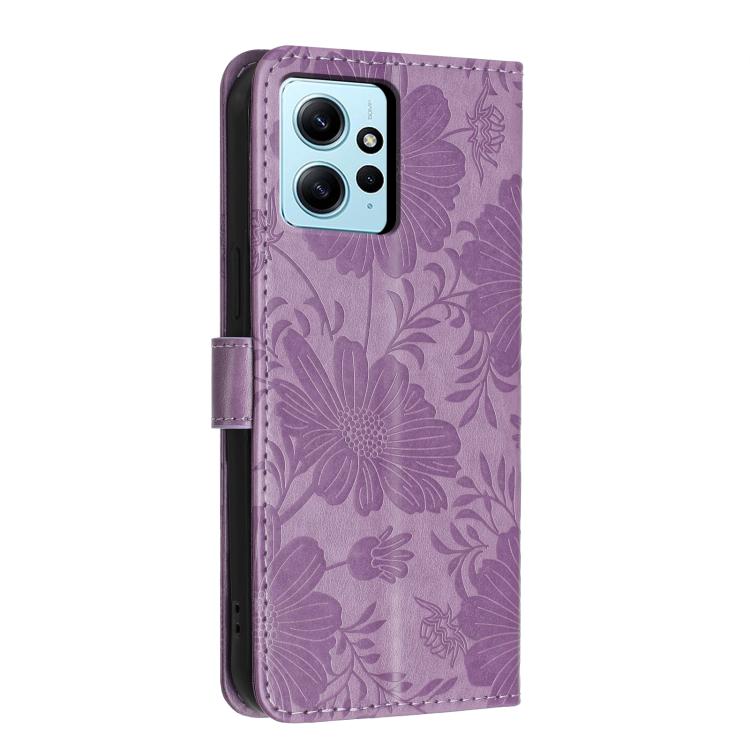 For Redmi Note 12 4G Global Sunflower Embossed Vegan Leather Phone Case with Small Black Rope