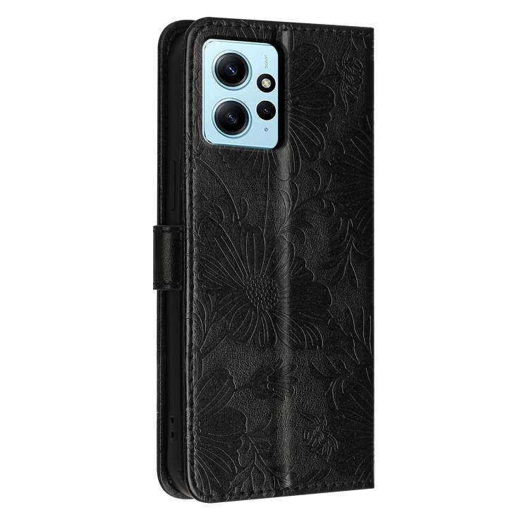 For Redmi Note 12 4G Global Sunflower Embossed Vegan Leather Phone Case with Small Black Rope