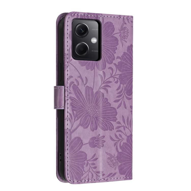 For Redmi Note 12 5G Global / Poco X5 Sunflower Embossed Vegan Leather Phone Case with Small Black Rope