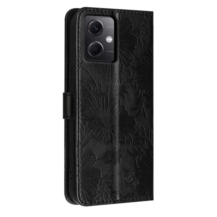 For Redmi Note 12 5G Global / Poco X5 Sunflower Embossed Vegan Leather Phone Case with Small Black Rope