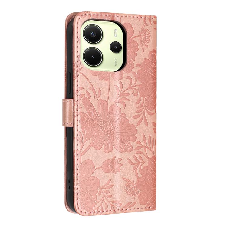 For Redmi Note 14 4G Global 163.25mm Sunflower Embossed Vegan Leather Phone Case with Small Black Rope
