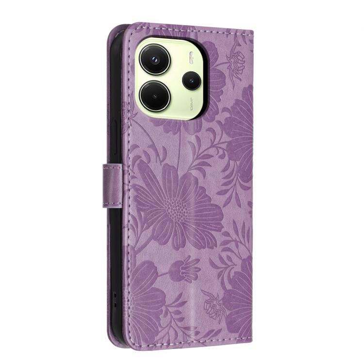 For Redmi Note 14 4G Global 163.25mm Sunflower Embossed Vegan Leather Phone Case with Small Black Rope
