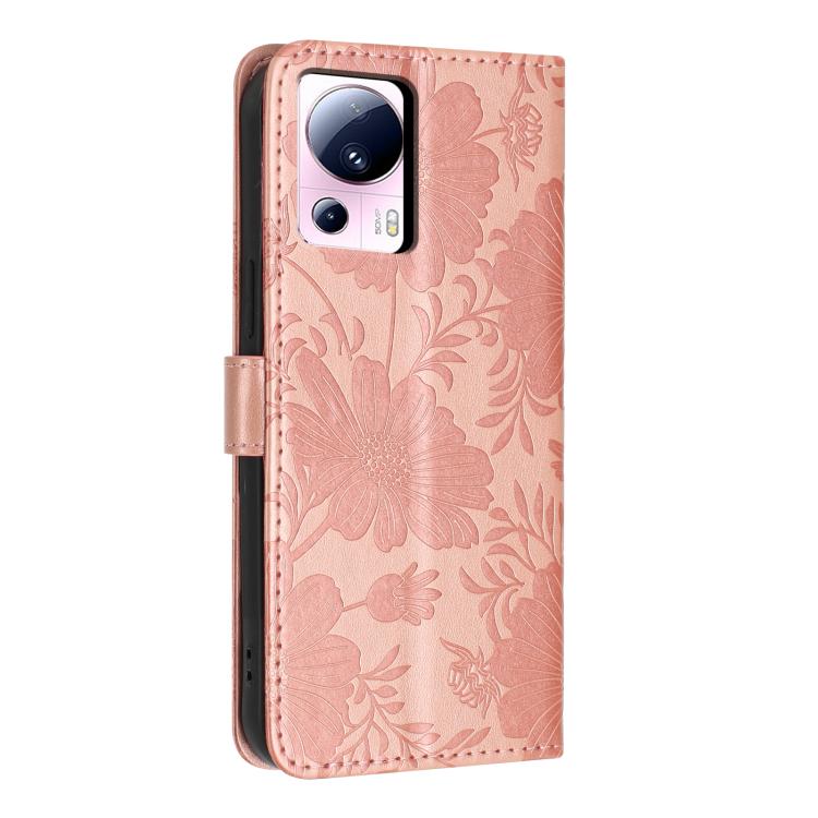 For Xiaomi 13 Lite 5G Global / Civi 2 Sunflower Embossed Vegan Leather Phone Case with Small Black Rope