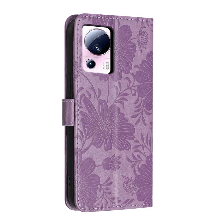 For Xiaomi 13 Lite 5G Global / Civi 2 Sunflower Embossed Vegan Leather Phone Case with Small Black Rope