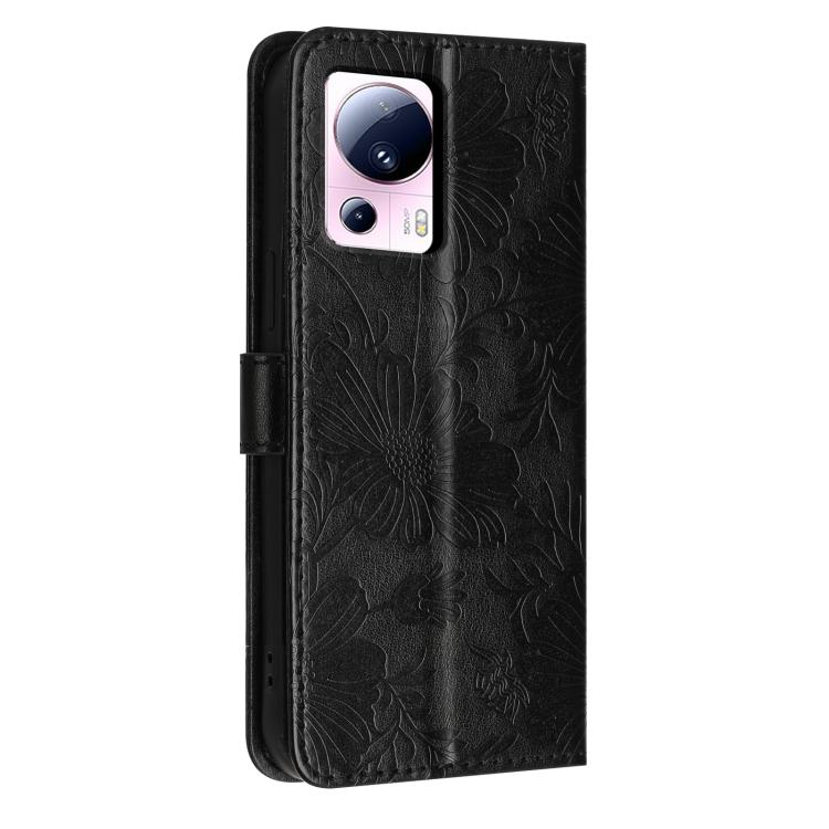 For Xiaomi 13 Lite 5G Global / Civi 2 Sunflower Embossed Vegan Leather Phone Case with Small Black Rope