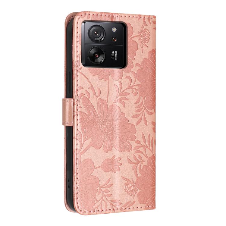 For Xiaomi 13T 5G / 13T Pro 5G Sunflower Embossed Vegan Leather Phone Case with Small Black Rope