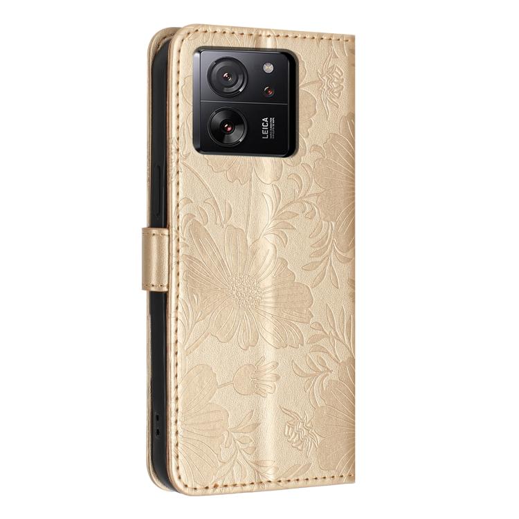 For Xiaomi 13T 5G / 13T Pro 5G Sunflower Embossed Vegan Leather Phone Case with Small Black Rope