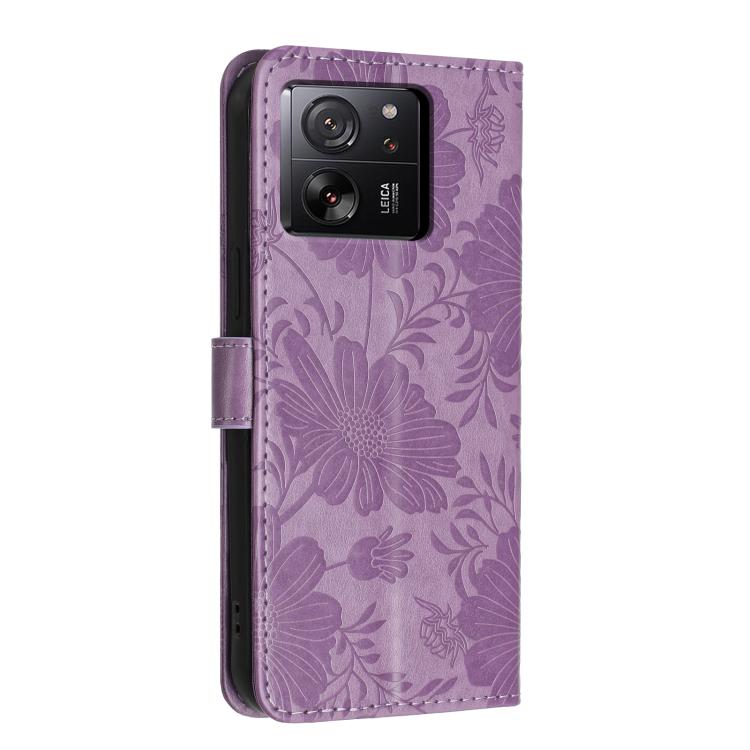 For Xiaomi 13T 5G / 13T Pro 5G Sunflower Embossed Vegan Leather Phone Case with Small Black Rope