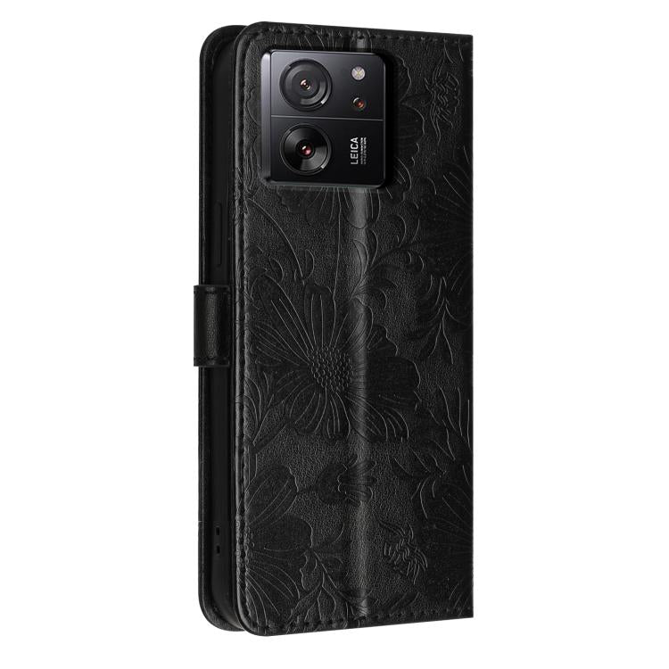 For Xiaomi 13T 5G / 13T Pro 5G Sunflower Embossed Vegan Leather Phone Case with Small Black Rope