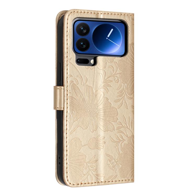 For Xiaomi 17 Pro Max Sunflower Embossed Vegan Leather Phone Case with Small Black Rope