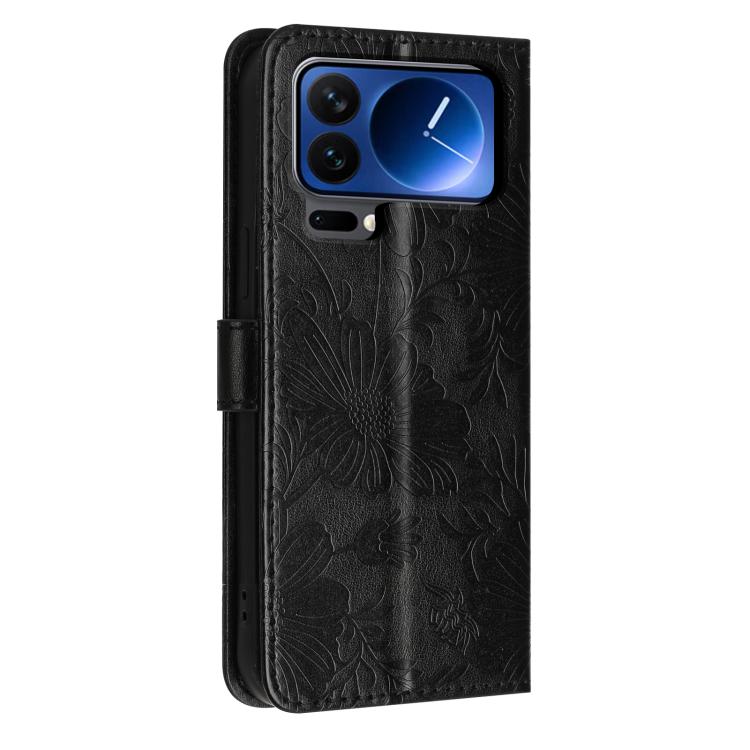 For Xiaomi 17 Pro Max Sunflower Embossed Vegan Leather Phone Case with Small Black Rope
