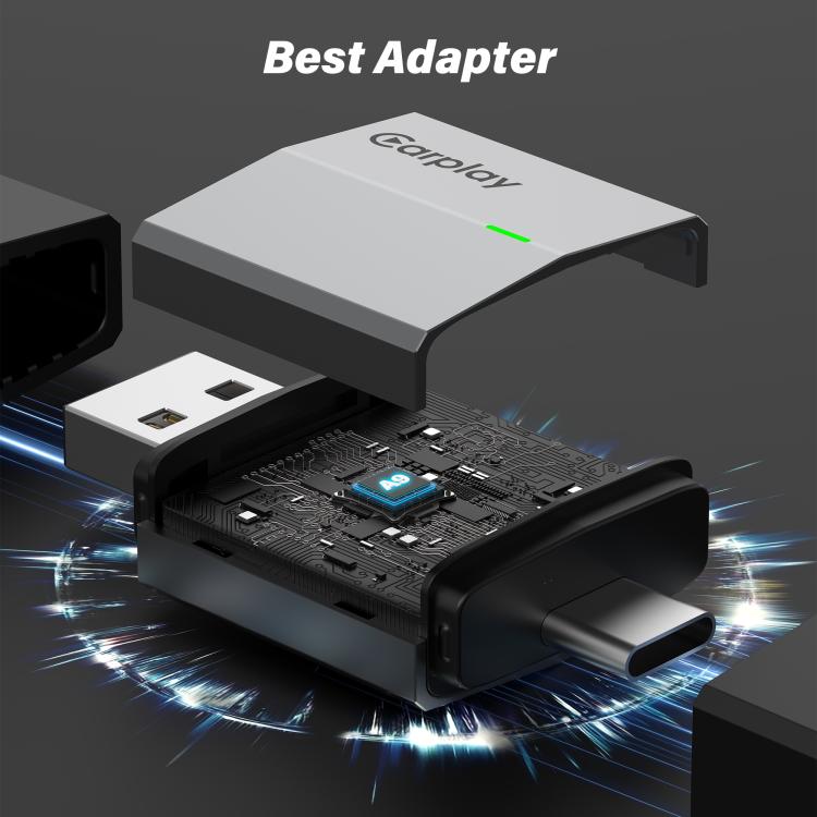 USB-A and USB-C / Type-C Dual Ports Wired to Wireless CarPlay / Android Auto Car Adapter - Blue Grey