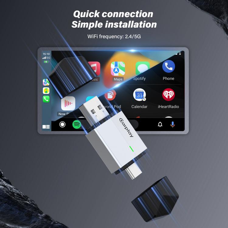 USB-A and USB-C / Type-C Dual Ports Wired to Wireless CarPlay / Android Auto Car Adapter - Blue Grey