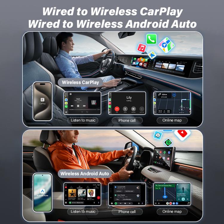 USB-A and USB-C / Type-C Dual Ports Wired to Wireless CarPlay / Android Auto Car Adapter - Blue Grey