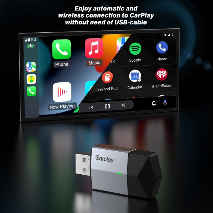 USB-A and USB-C / Type-C Dual Ports Wired to Wireless CarPlay / Android Auto Car Adapter - Blue Grey