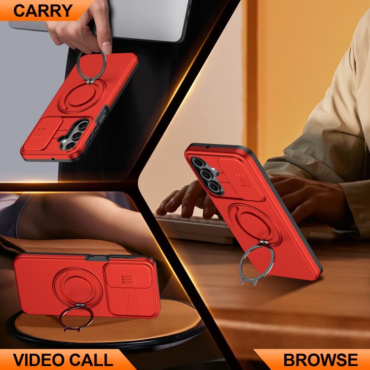 For Galaxy A16 / A17 / A26 Camera Sliding Shield Magnetic Rotation Holder Phone Case