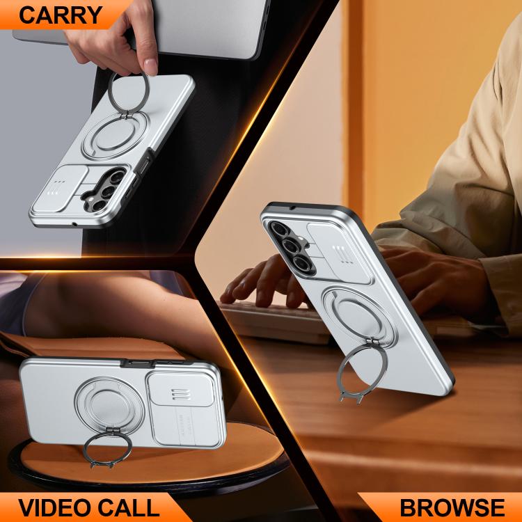 For Galaxy A16 / A17 / A26 Camera Sliding Shield Magnetic Rotation Holder Phone Case