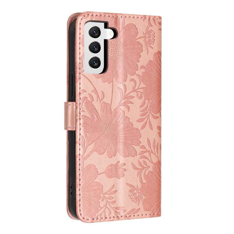 For Samsung Galaxy S22 5G Sunflower Embossed Vegan Leather Phone Case with Small Black Rope