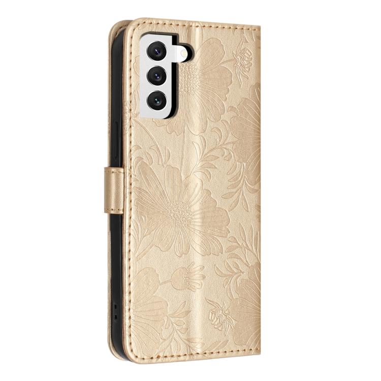 For Samsung Galaxy S22 5G Sunflower Embossed Vegan Leather Phone Case with Small Black Rope