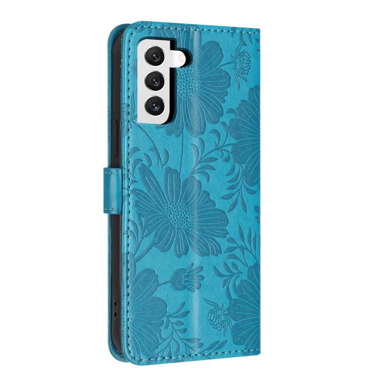 For Samsung Galaxy S22 5G Sunflower Embossed Vegan Leather Phone Case with Small Black Rope