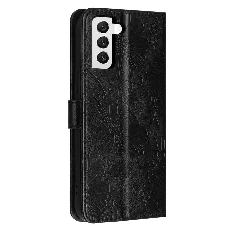 For Samsung Galaxy S22 5G Sunflower Embossed Vegan Leather Phone Case with Small Black Rope