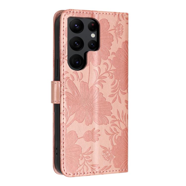 For Samsung Galaxy S22 Ultra 5G Sunflower Embossed Vegan Leather Phone Case with Small Black Rope