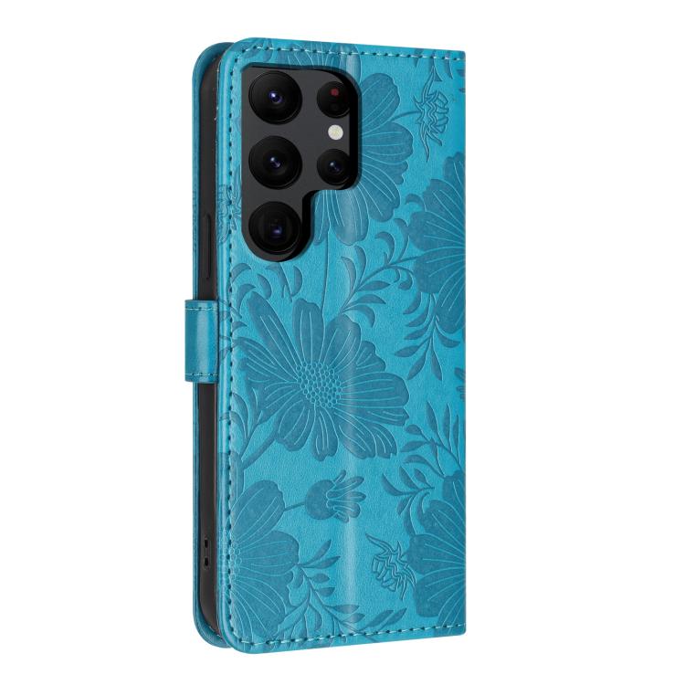For Samsung Galaxy S22 Ultra 5G Sunflower Embossed Vegan Leather Phone Case with Small Black Rope