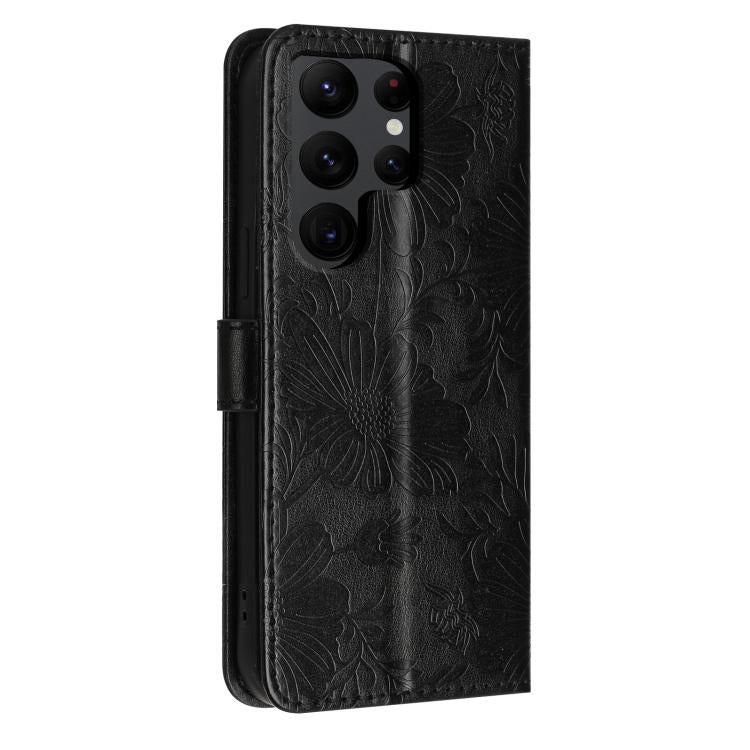 For Samsung Galaxy S22 Ultra 5G Sunflower Embossed Vegan Leather Phone Case with Small Black Rope