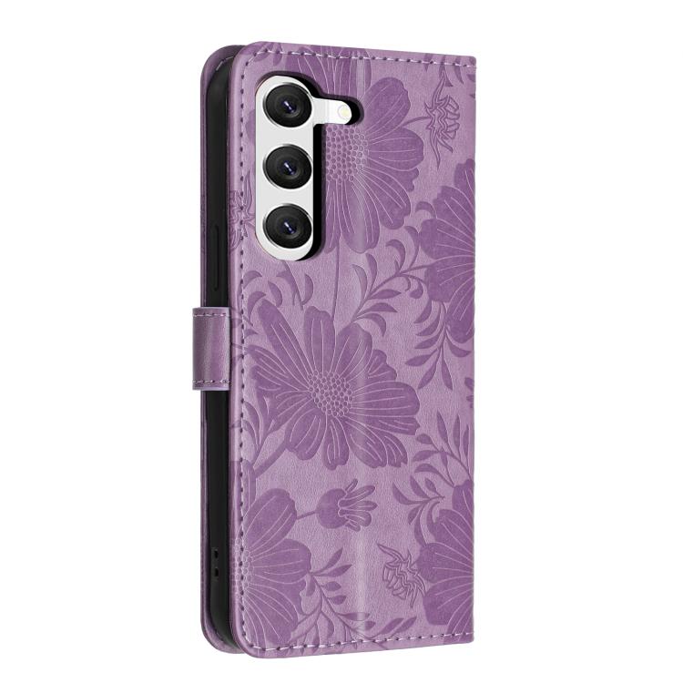 For Samsung Galaxy S23 5G Sunflower Embossed Vegan Leather Phone Case with Small Black Rope