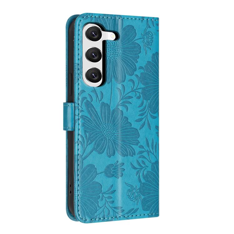 For Samsung Galaxy S23 5G Sunflower Embossed Vegan Leather Phone Case with Small Black Rope