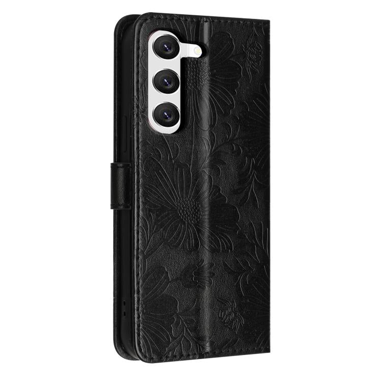 For Samsung Galaxy S23 5G Sunflower Embossed Vegan Leather Phone Case with Small Black Rope