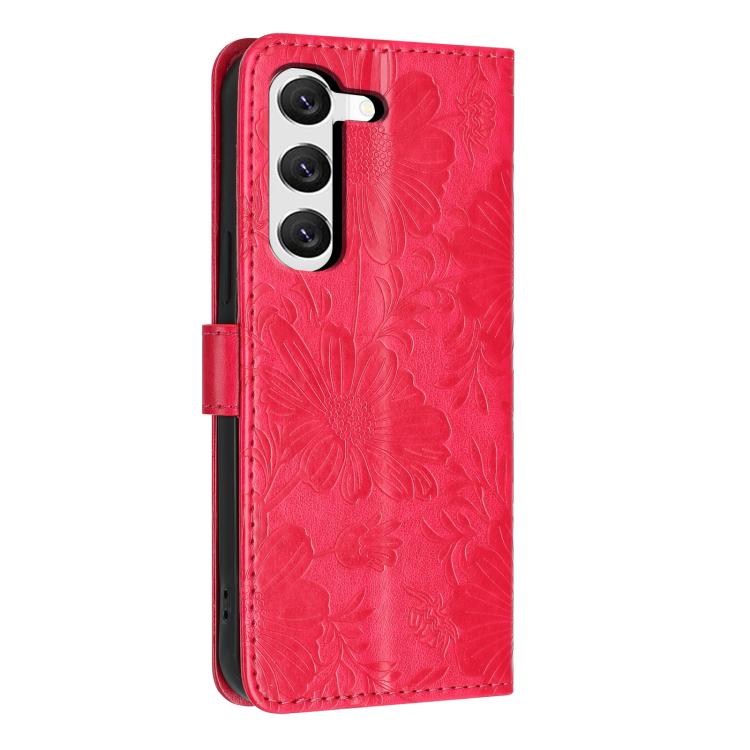 For Samsung Galaxy S23 5G Sunflower Embossed Vegan Leather Phone Case with Small Black Rope