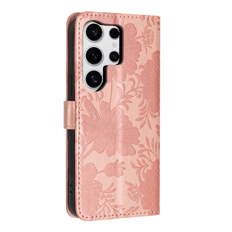 For Samsung Galaxy S23 Ultra 5G Sunflower Embossed Vegan Leather Phone Case with Small Black Rope