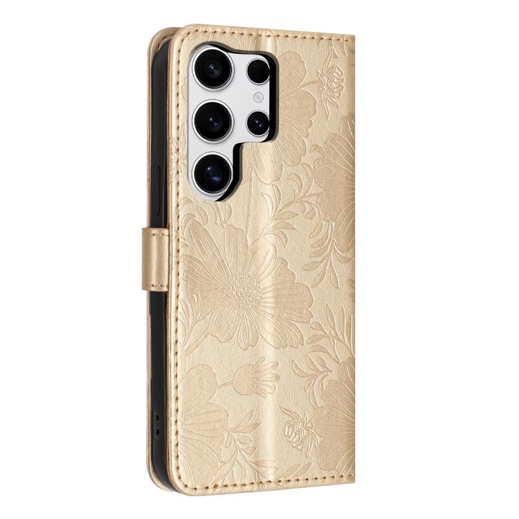 For Samsung Galaxy S23 Ultra 5G Sunflower Embossed Vegan Leather Phone Case with Small Black Rope