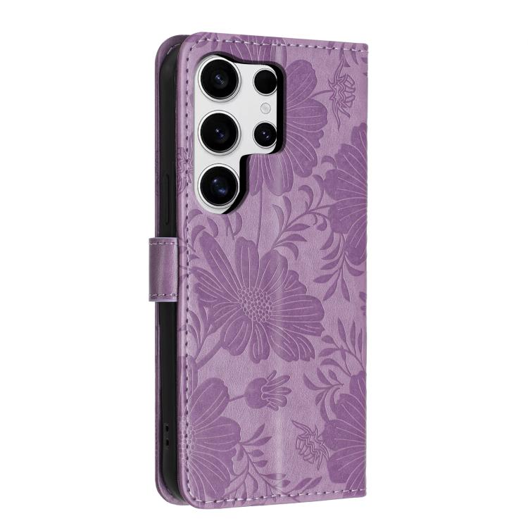 For Samsung Galaxy S23 Ultra 5G Sunflower Embossed Vegan Leather Phone Case with Small Black Rope