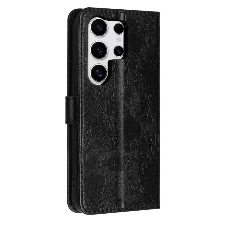 For Samsung Galaxy S23 Ultra 5G Sunflower Embossed Vegan Leather Phone Case with Small Black Rope