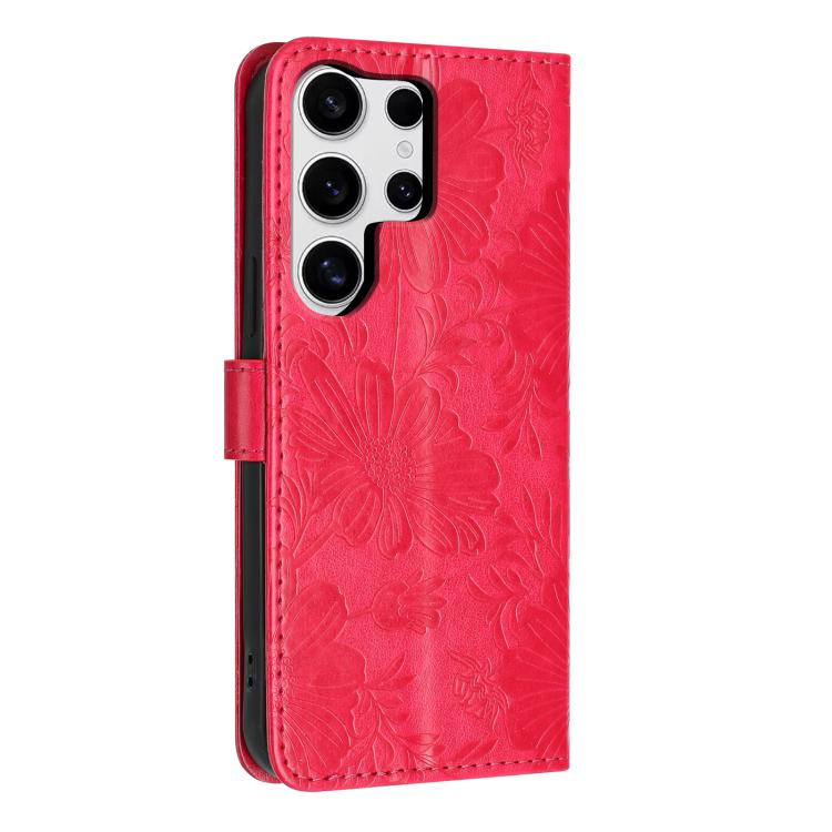 For Samsung Galaxy S23 Ultra 5G Sunflower Embossed Vegan Leather Phone Case with Small Black Rope